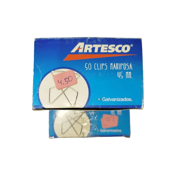 CLIPS MARIPOSA ARTESCO PLATEADO 45 MM. CAJA X 50 UNID.